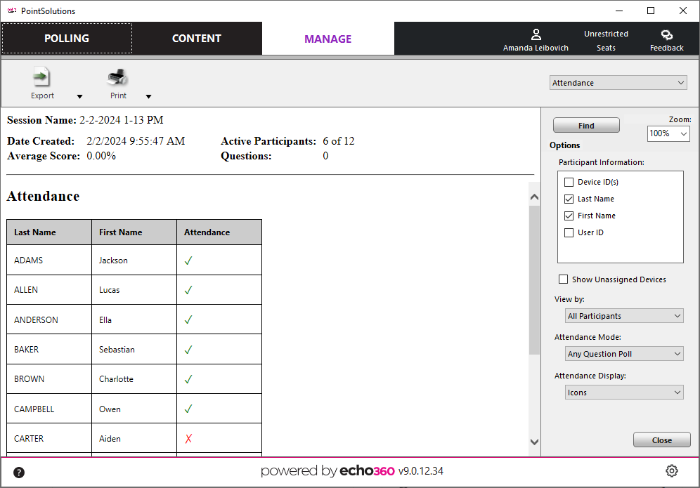 PointSolutions Desktop Attendance Report for a session displaying the default settings