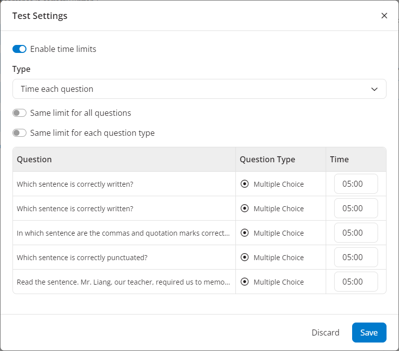 EchoExam Test Settings window with time limits enabled, time each question selected  as described