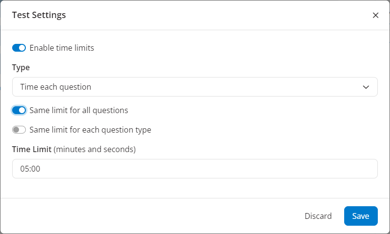 EchoExam Test Settings window with time limits enabled, time each question, and same limit for all questions selected  as described
