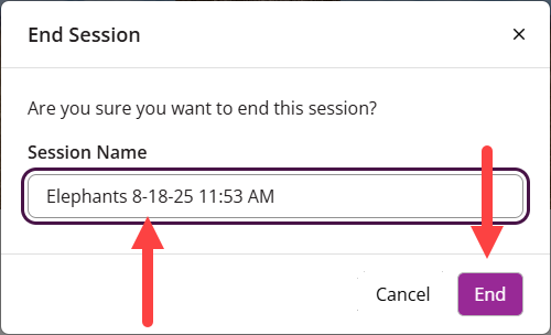 Session name and End button identified as described