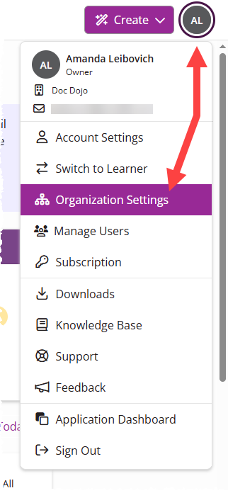 User menu and Organization Settings identified as described