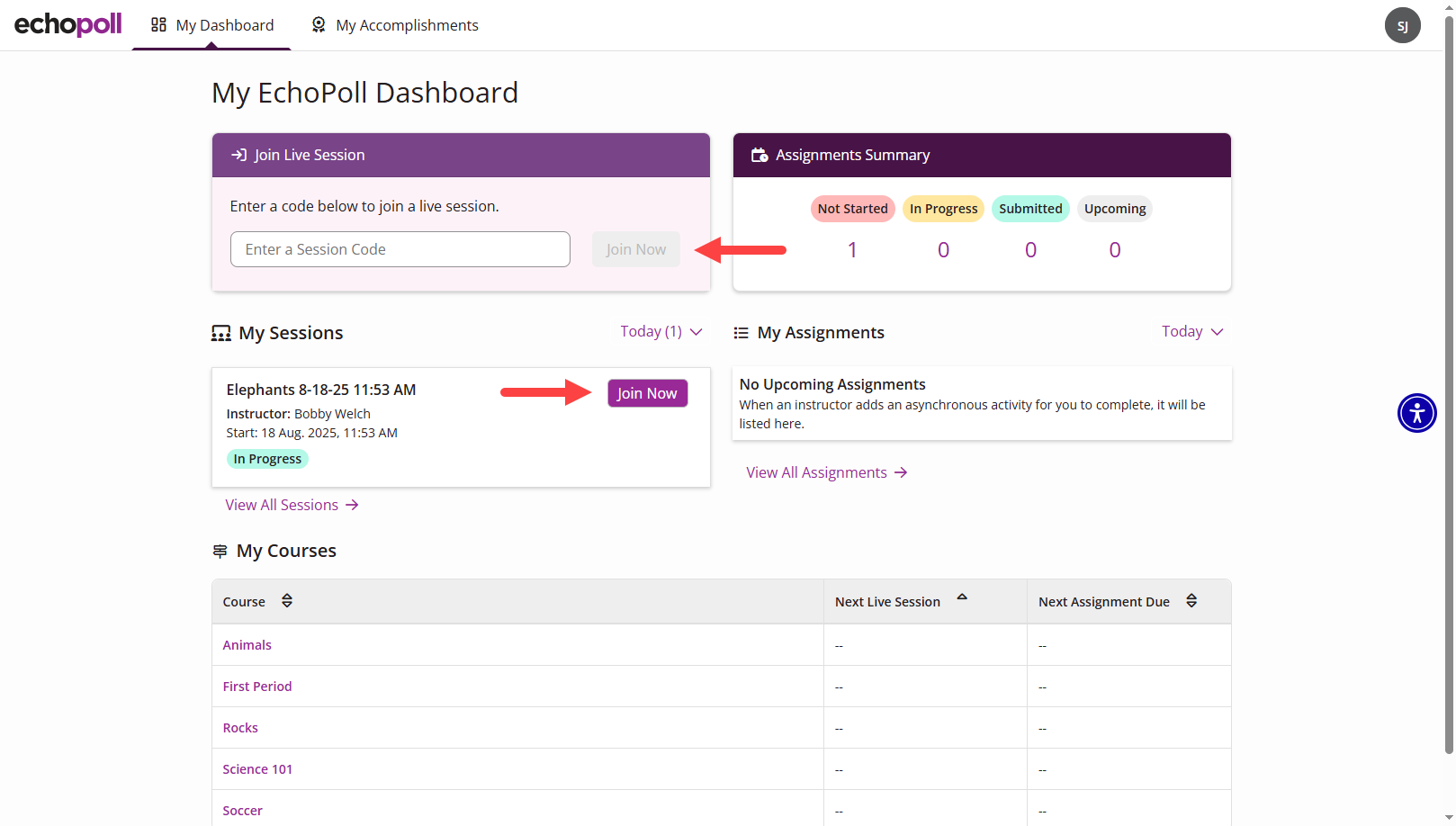 Learner Dashboard with Join Live Session and Join Session under My Sessions identified as described