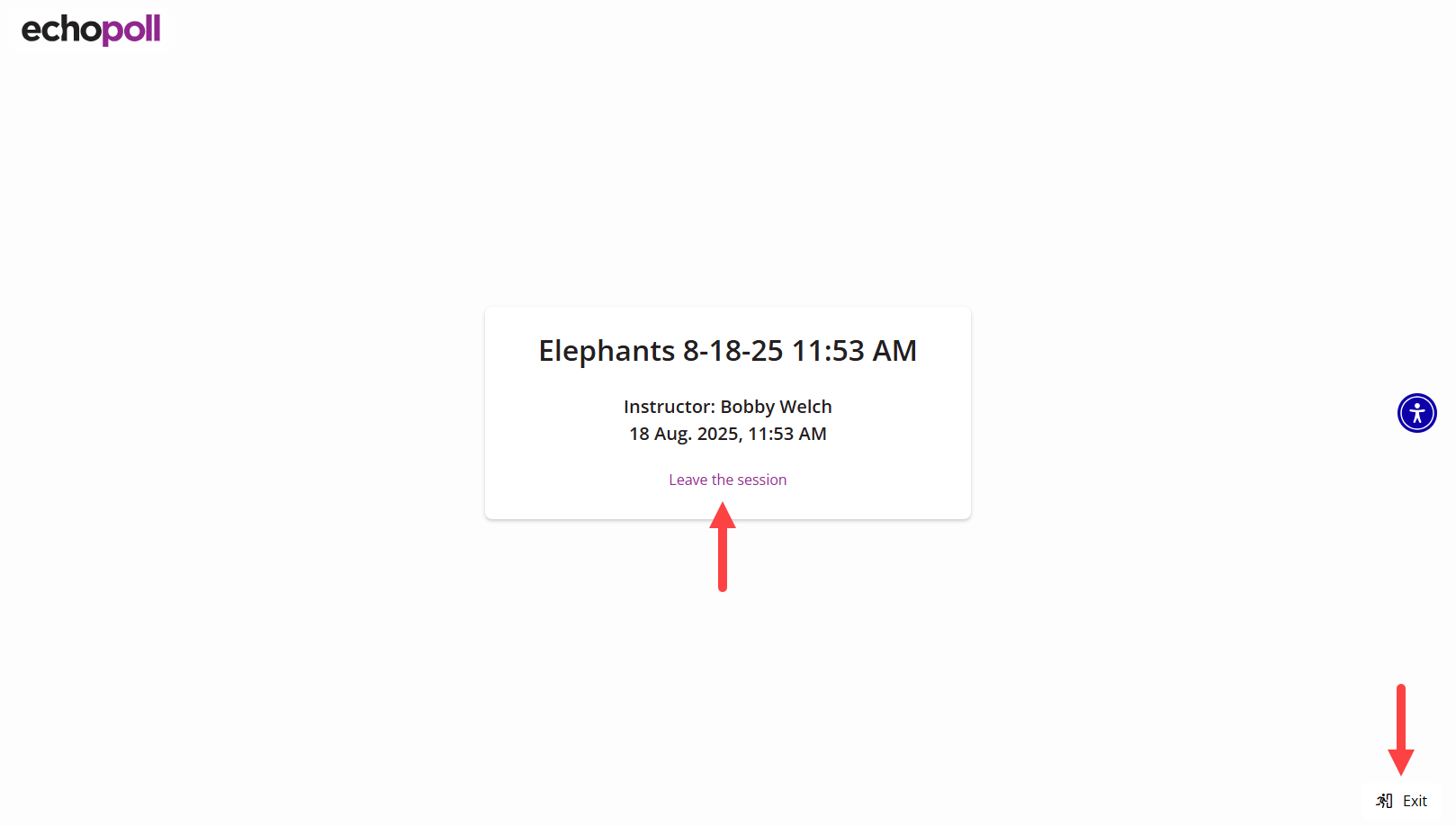 Exit session button and Leave Session link identified as described