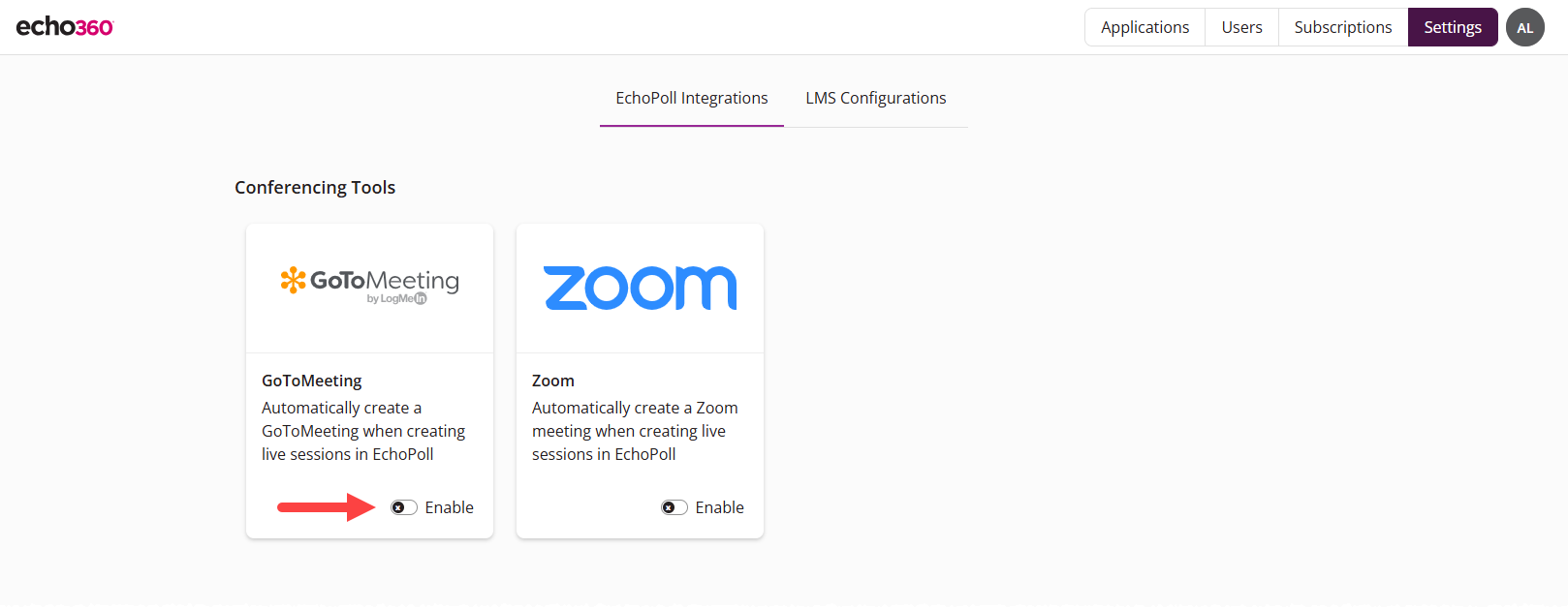 GoToMeeting toggle on Integrations tab identified as described
