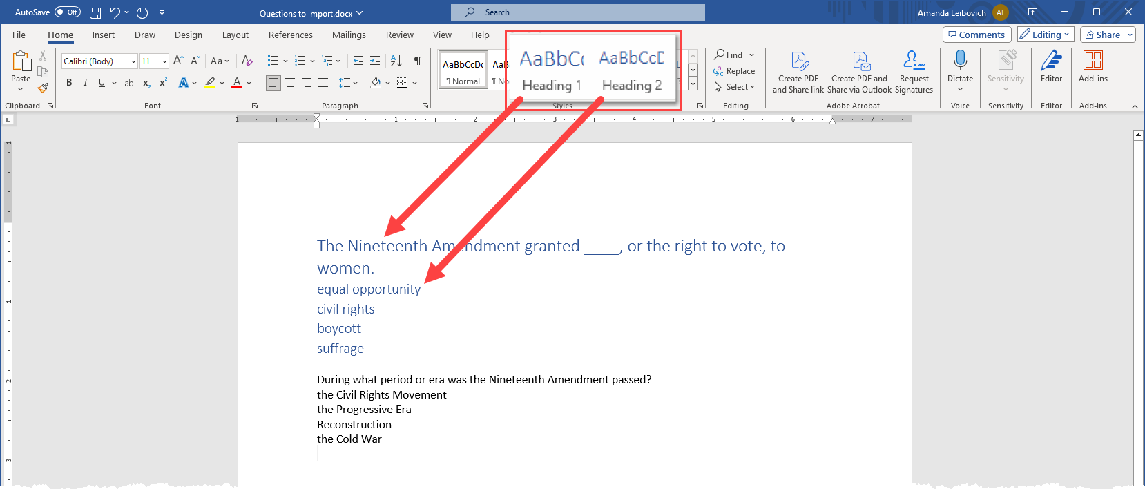 Word document with Heading 1 and 2 identified for each question part