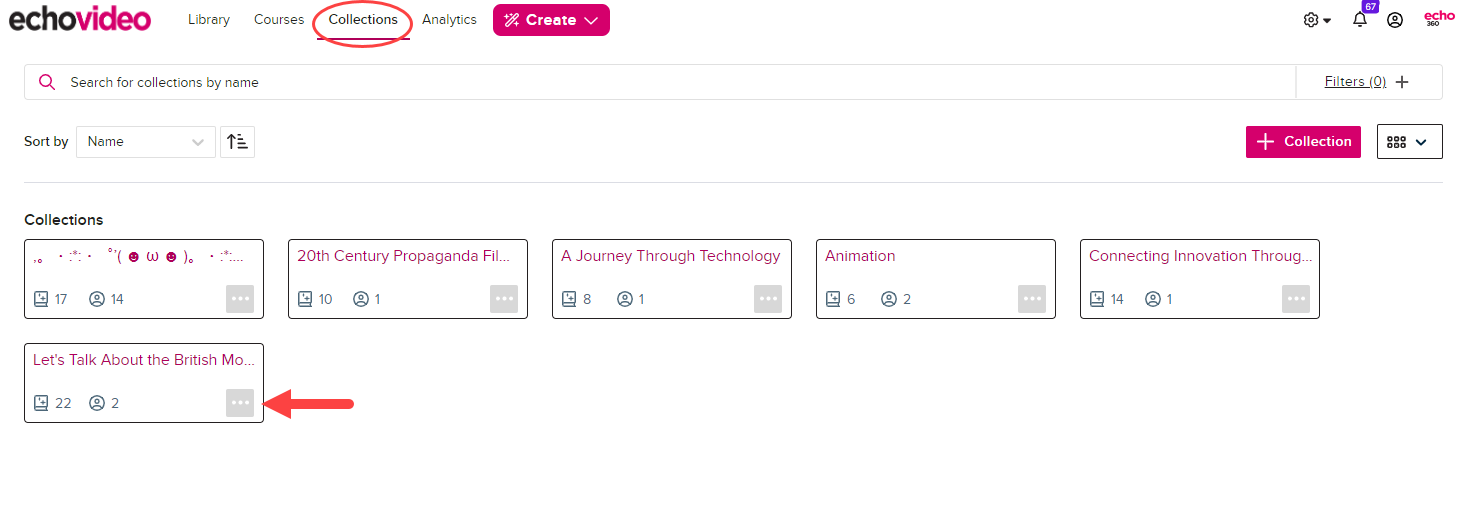 Collections tab and a collection identified as described