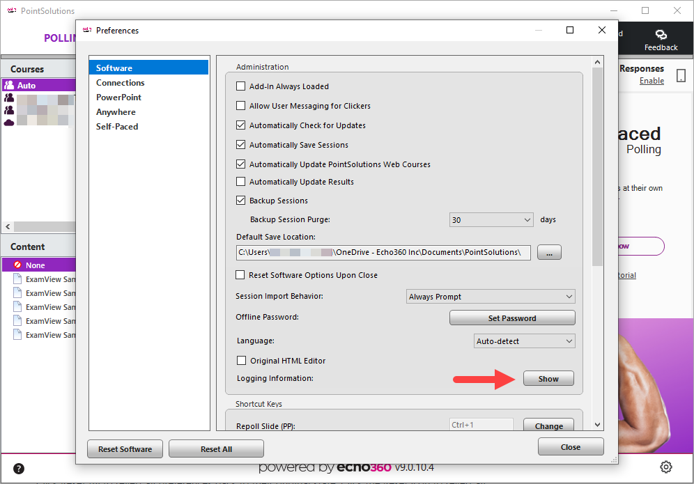 PointSolutions Desktop Preferences with Show button for Logging information Logs identified as described