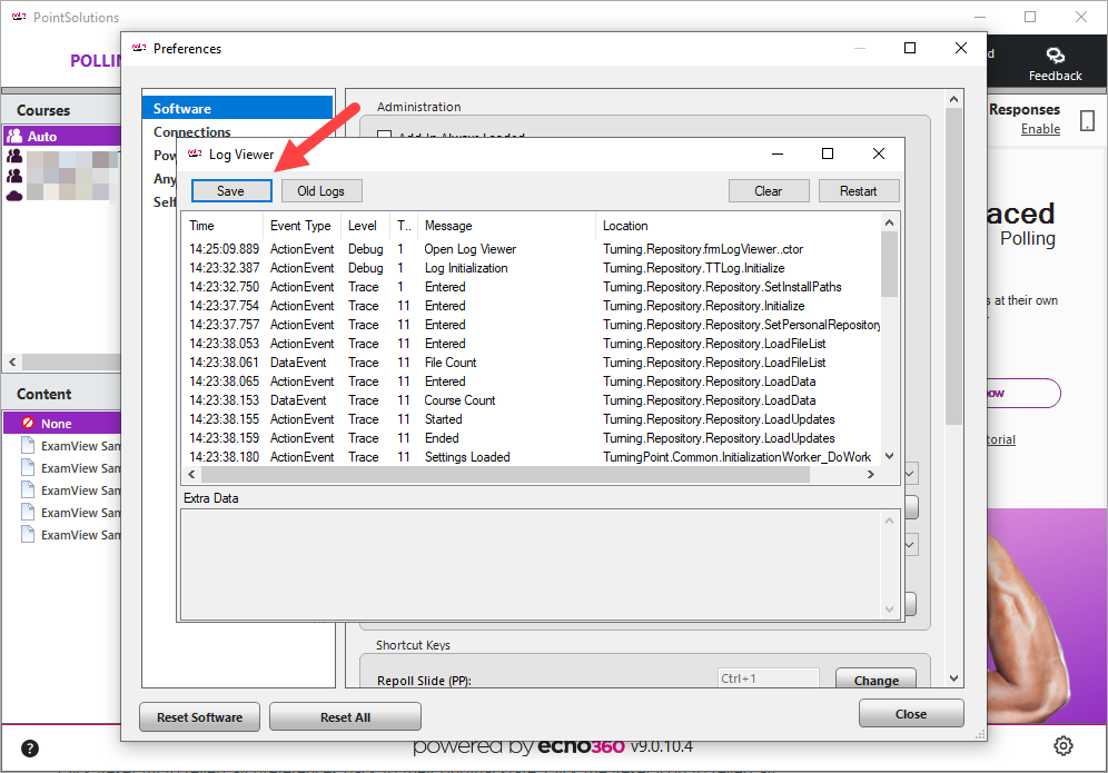 PointSolutions Desktop Log Viewer with Save button identified as described