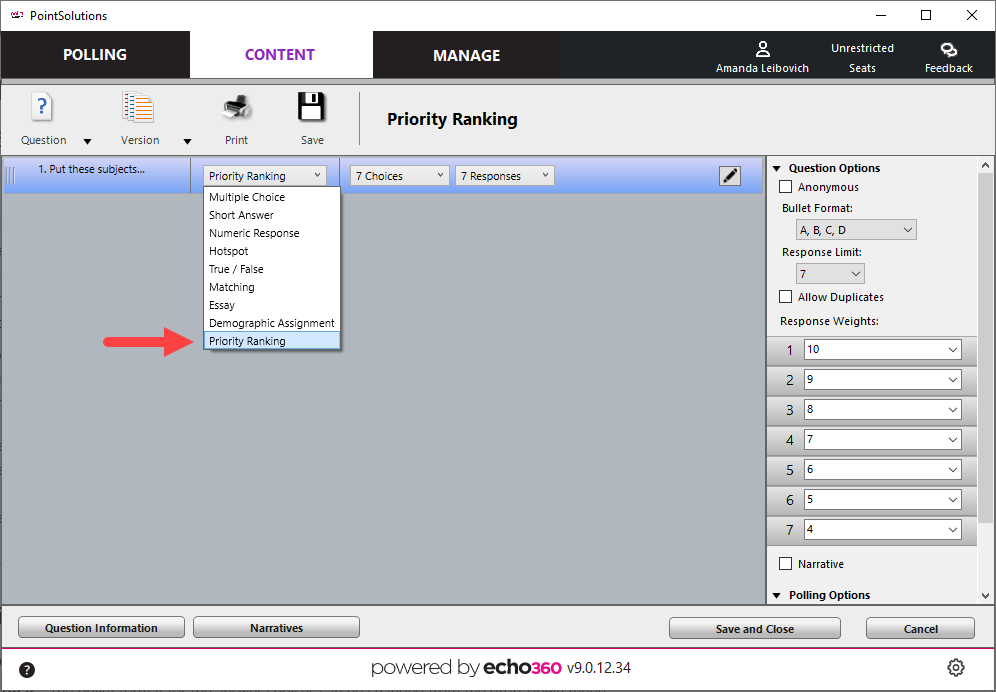PointSolutions Desktop with a question list open and Priority Ranking selected from the the question dropdown
