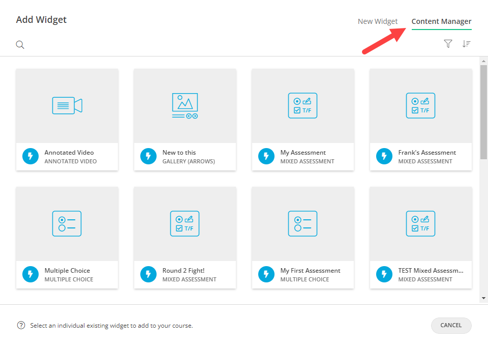 The Add Widget window with the Content Manager tab selected as described