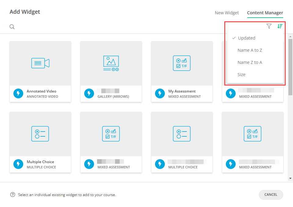The Add Widget window with the Content Manager tab selected and the options to sort by expanded as described