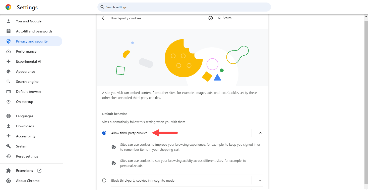 Chrome Third Party Cookies menu with Allow Third Party Cookies selected