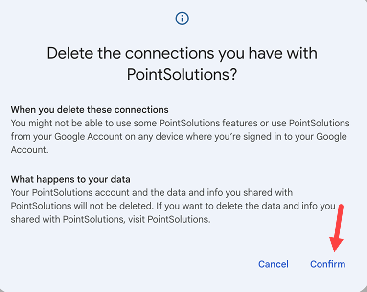 Delete the connections you have with PointSolutions Confirm option identified