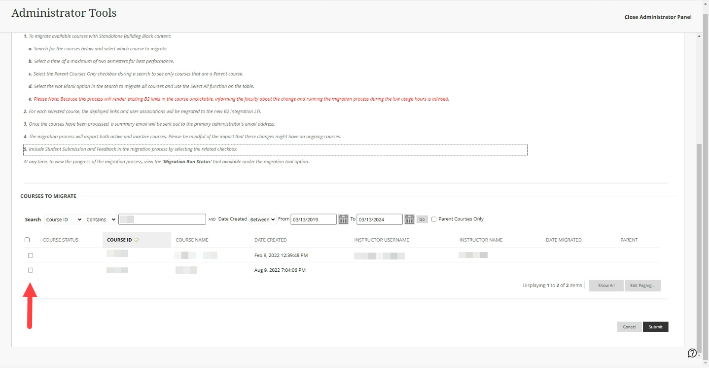 Courses to migrate identified as described