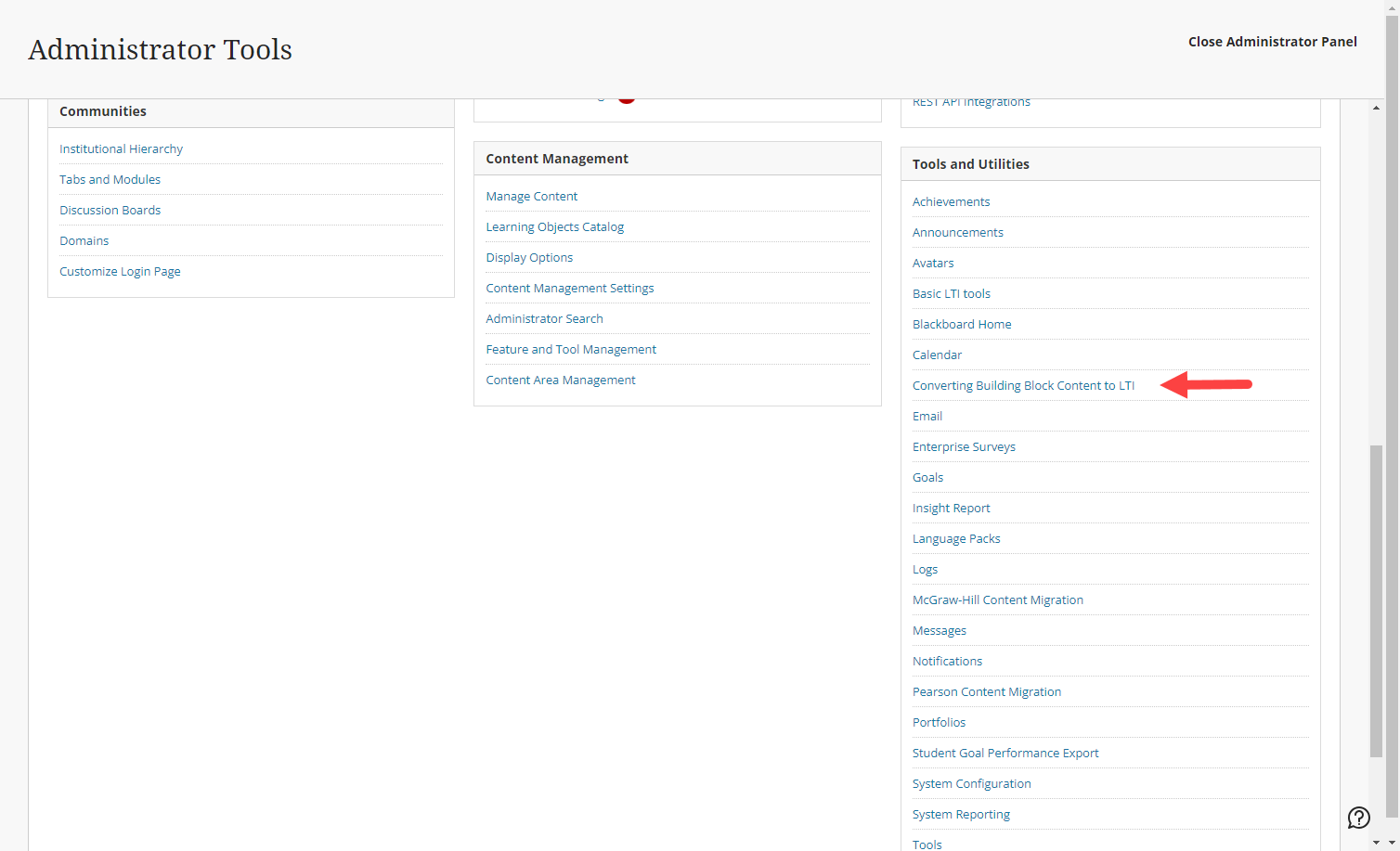 Administrator tools with Converting Building Block Content to LTI under Tools and Utilities identified as described