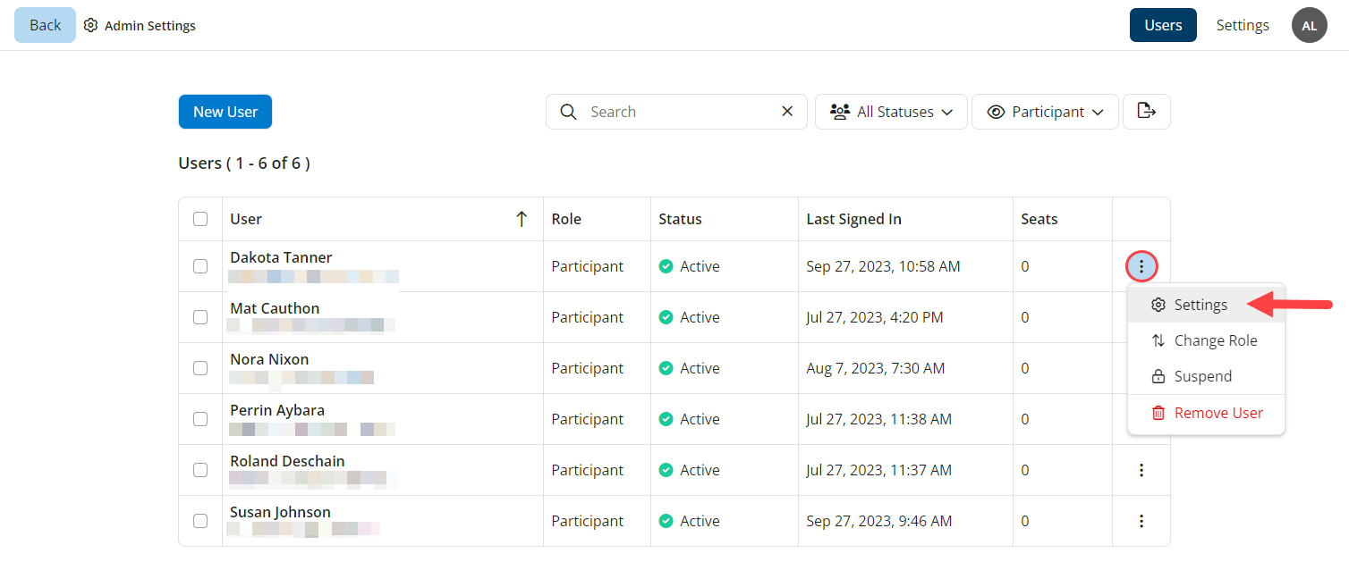 EchoExam User Settings menu filtered by participant with action menu expanded and Settings selected as described