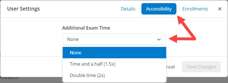 EchoExam User Settings with Accessibility tab and Extra Time dropdown expanded and identified as described