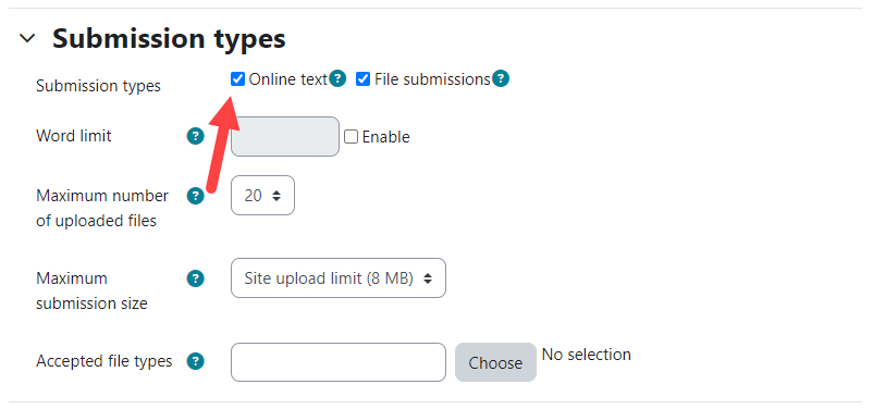 Moodle Assignment Submission types options with Online Text selected an identified as described