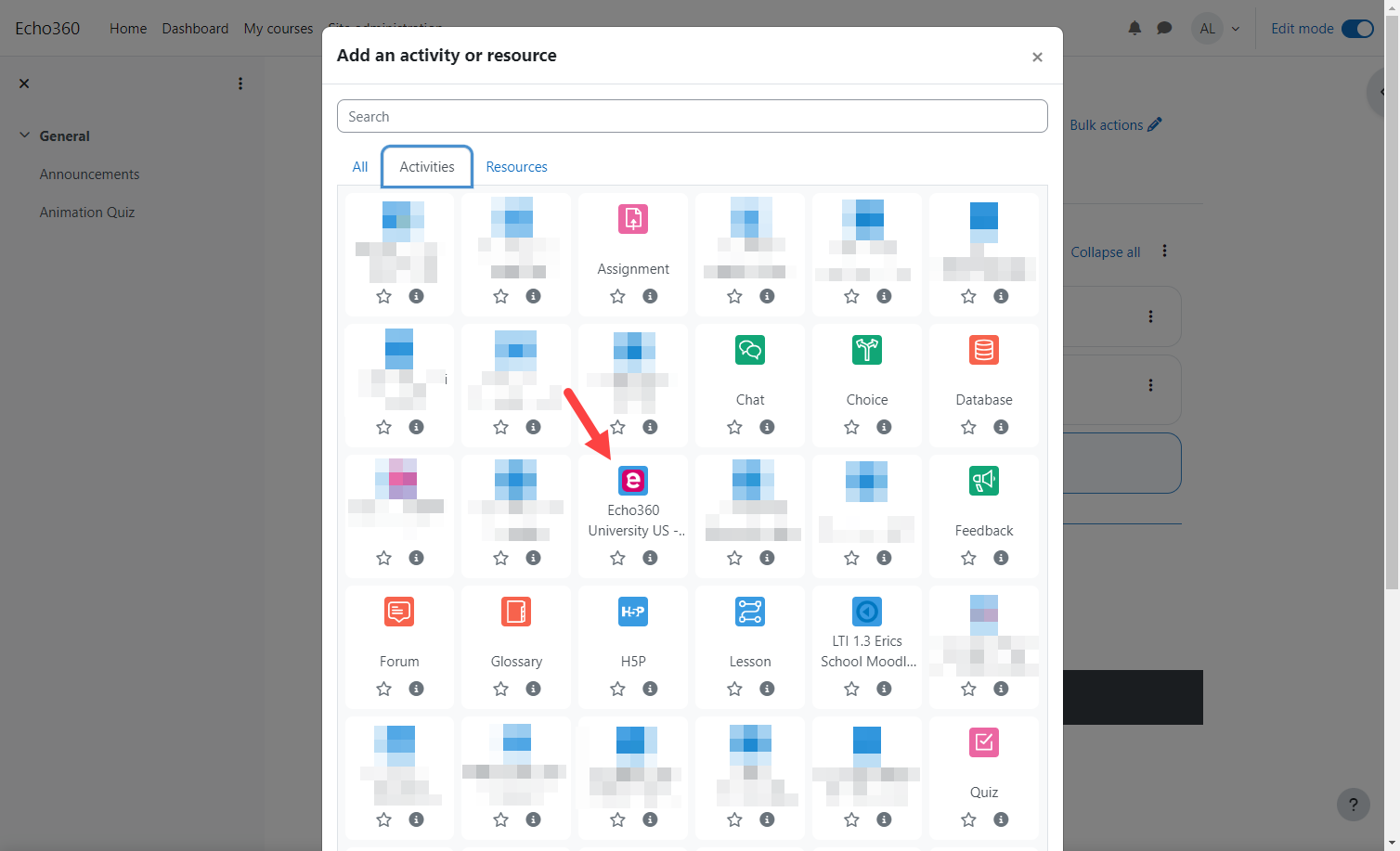 Activities list in Moodle with Ech360 media embed tool identified for procedural steps as described