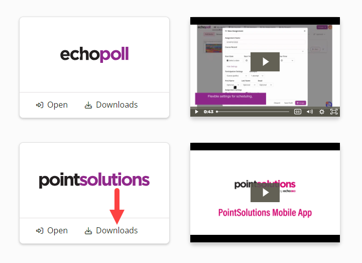 The EchoPoll and PointSolutions application selector with the PointSolutions Download link identified as described