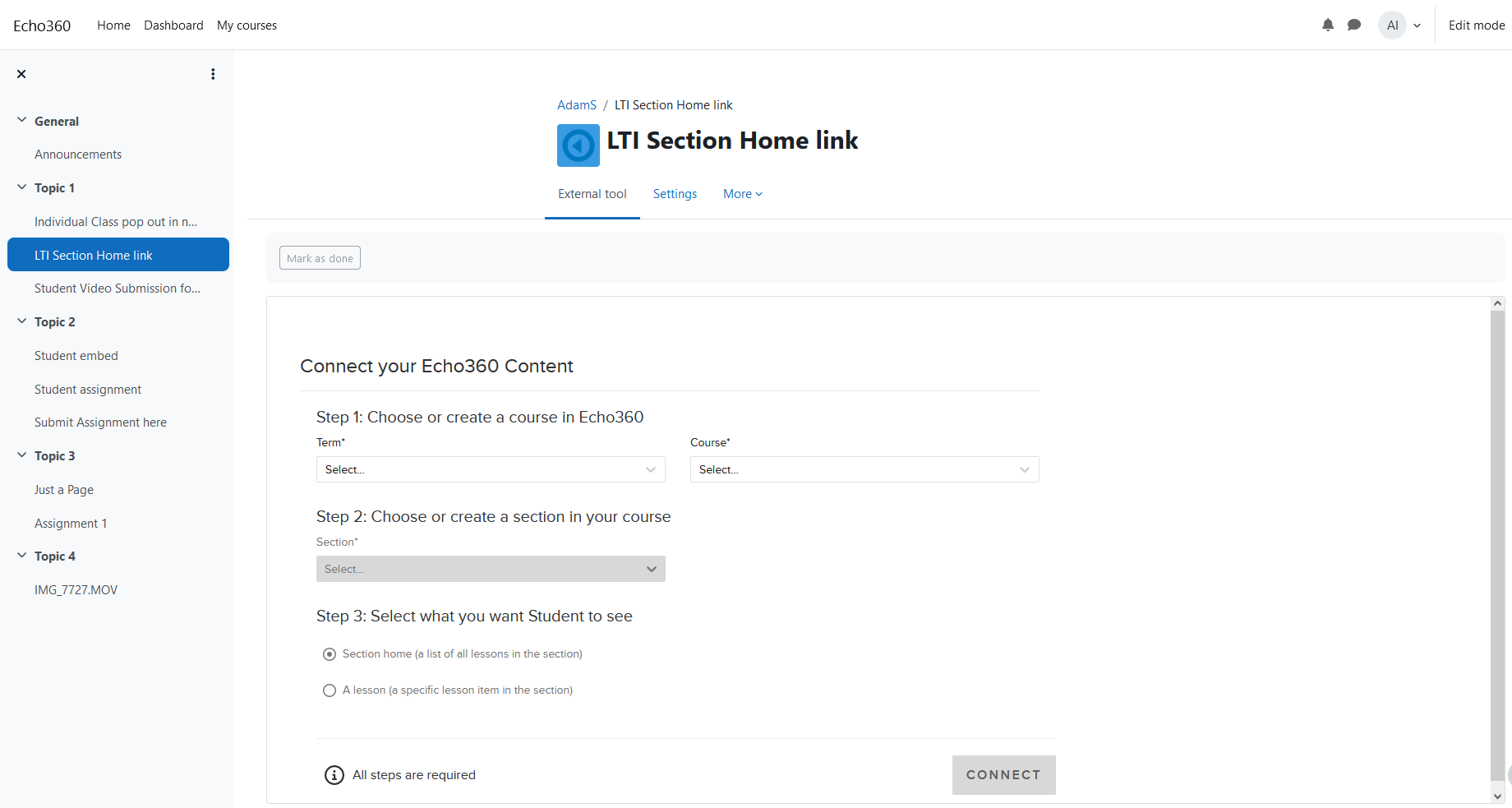 EchoVideo section selection options for Moodle course activity link as described