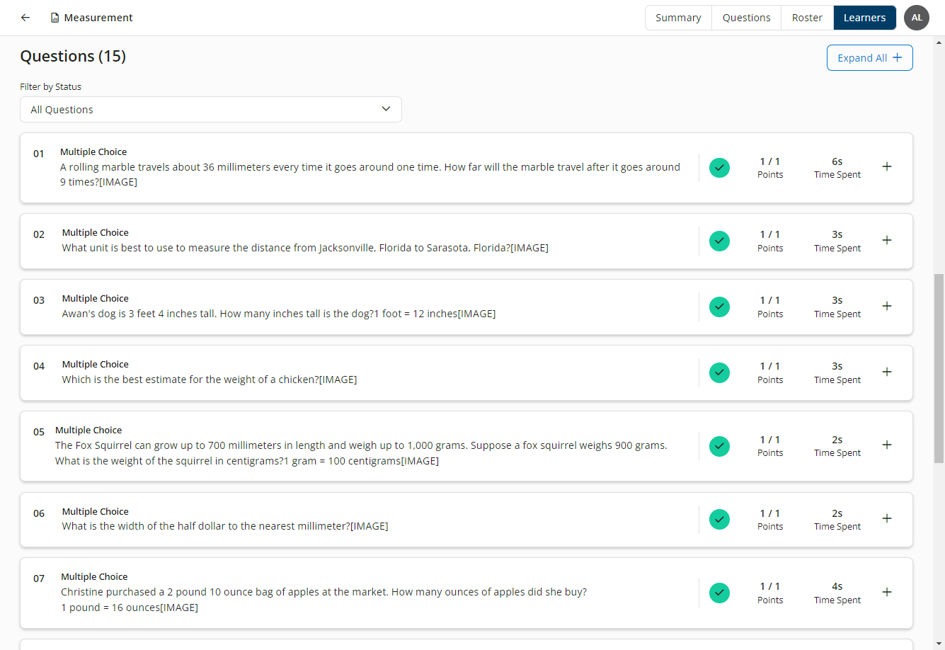 Questions on the Learners tab of the Instructor Exam Summary report showing collasped questions