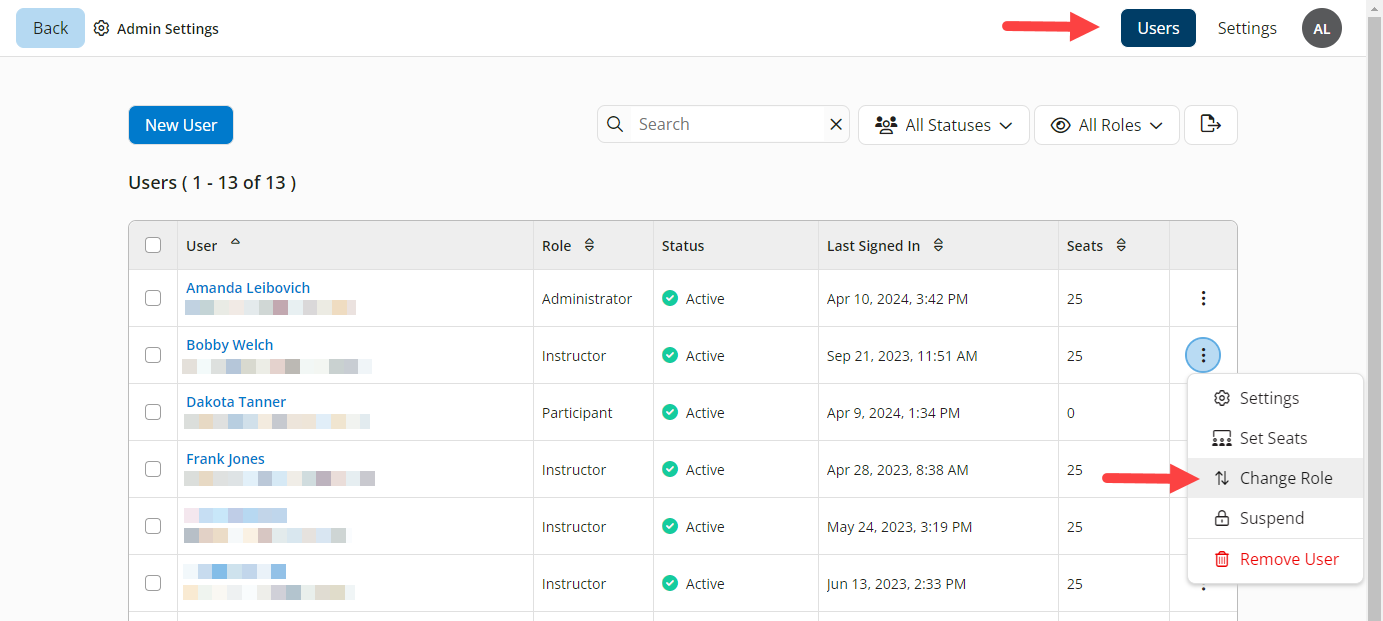 EchoExam Admin screen with Change Role option identified as described