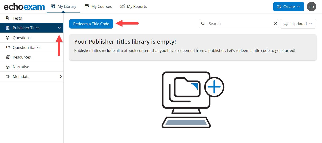 My Library tab with Publisher Titles and Redeem a Title Code identified as described