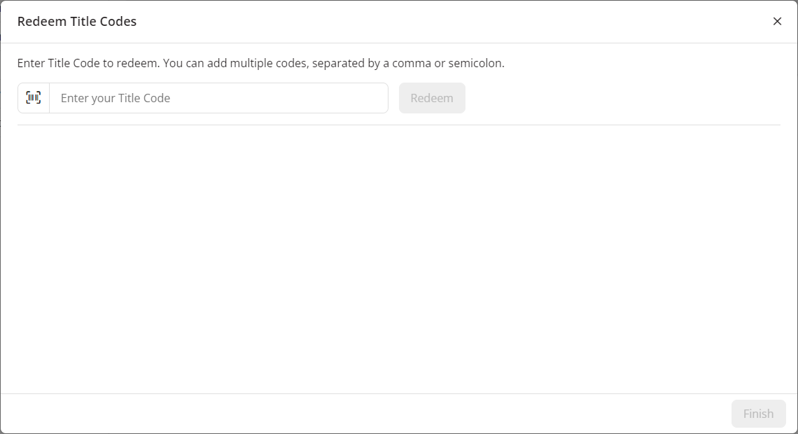 The Redeem Title Codes modal as described