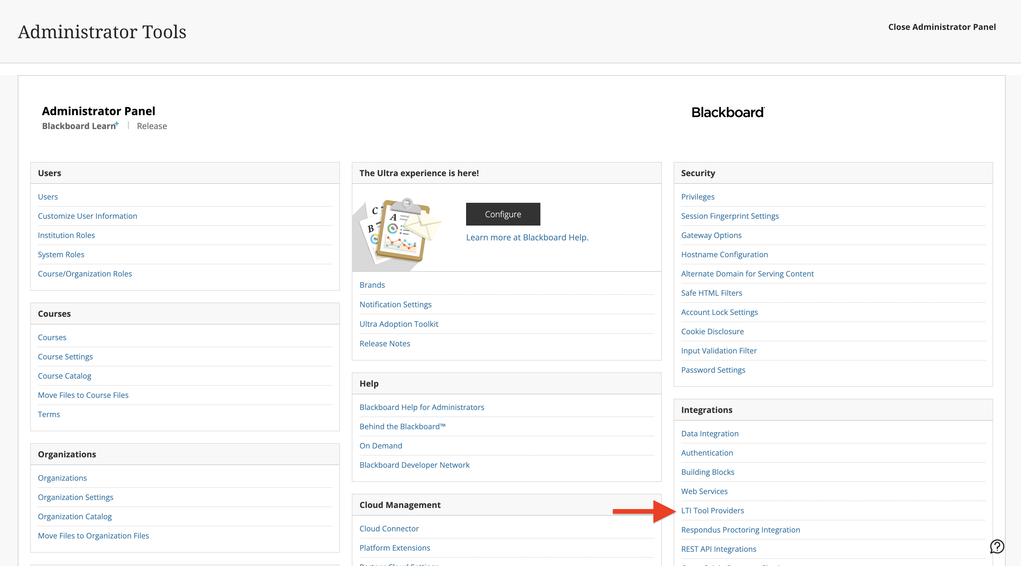 System Admin panel of Blackboard with LTI Tool Providers option identified for selection as described