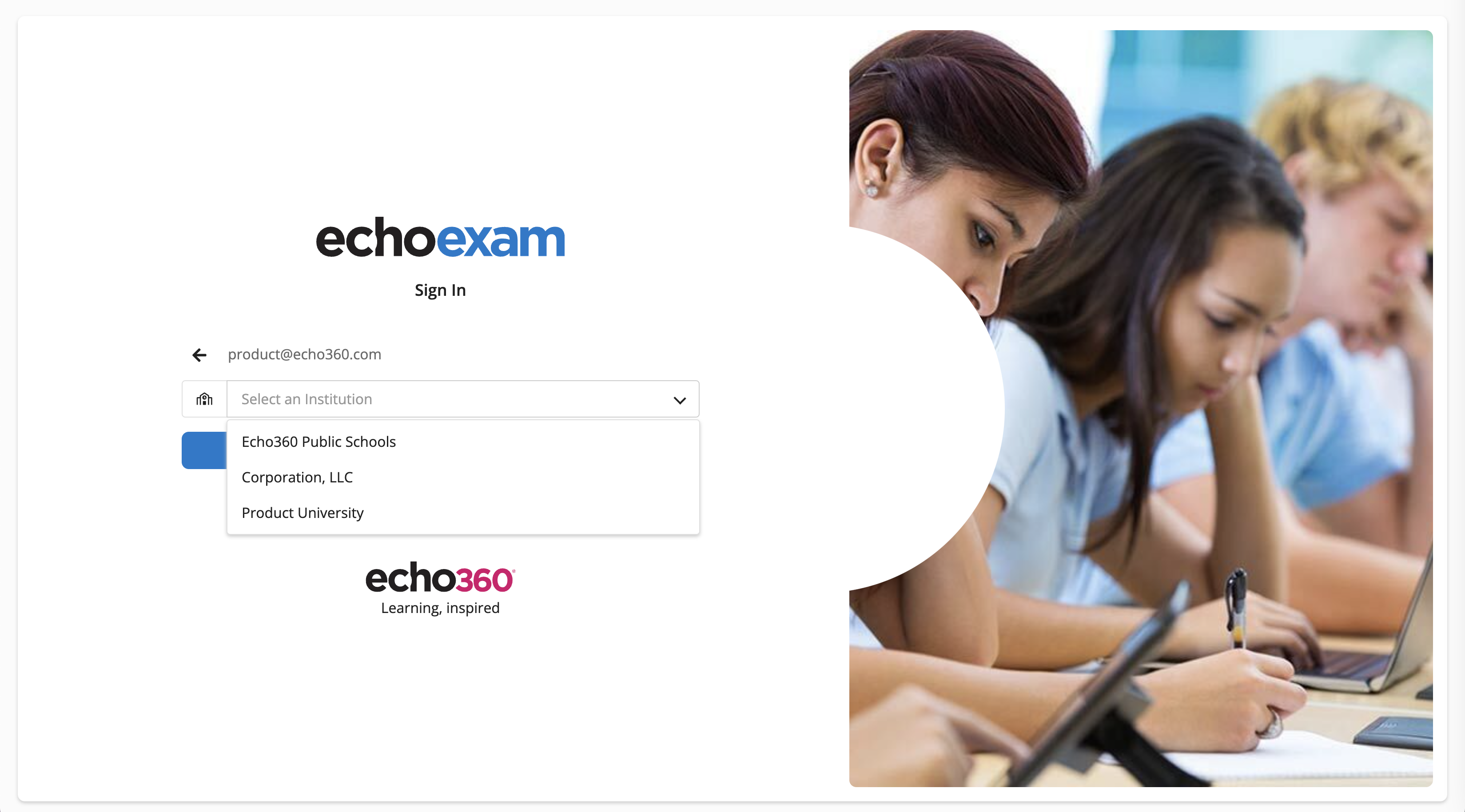 The EchoExam log-in screen with a drop-down showing multiple organizations the user has access to to select from