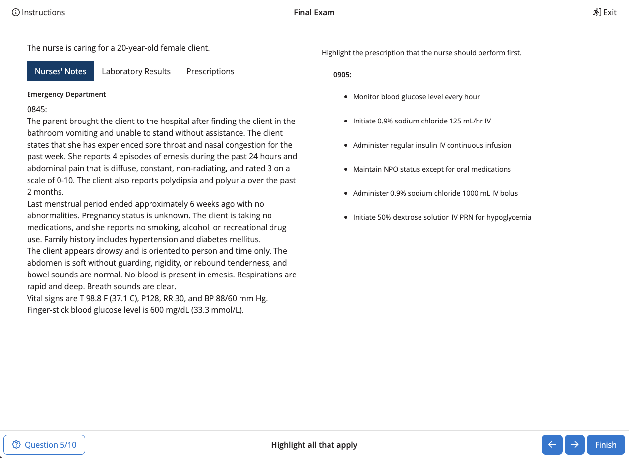 A highlight question showing a NCLEX Case Study with multiple tabs of information