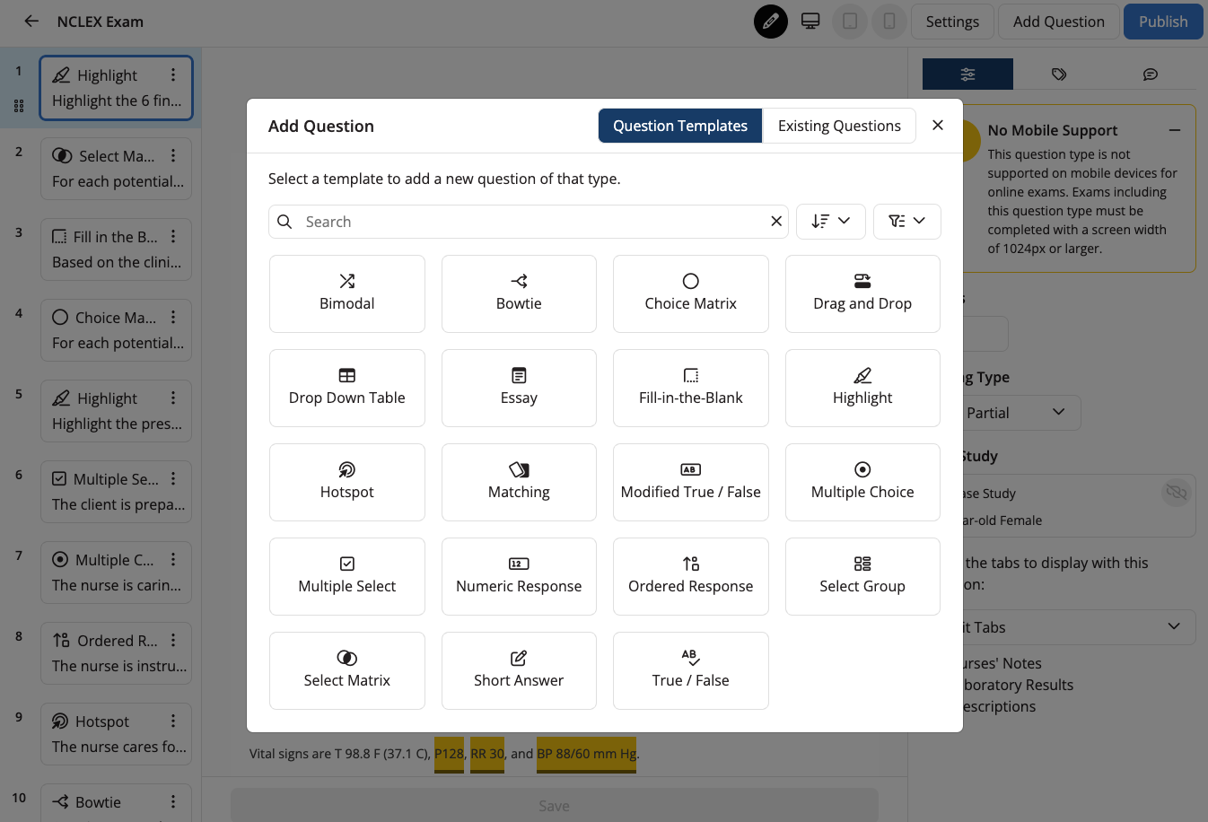 Filter and search question templates as described