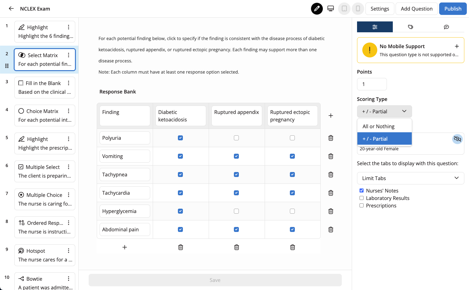 Partial Scoring Options shown from the Scoring Type dropdown as described