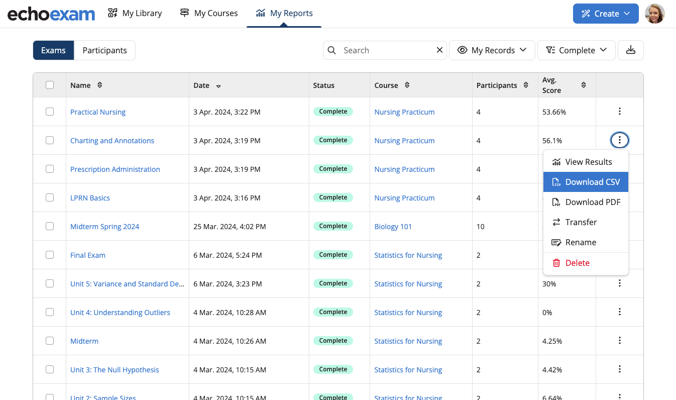 Download PDF and CSV options for exams as described