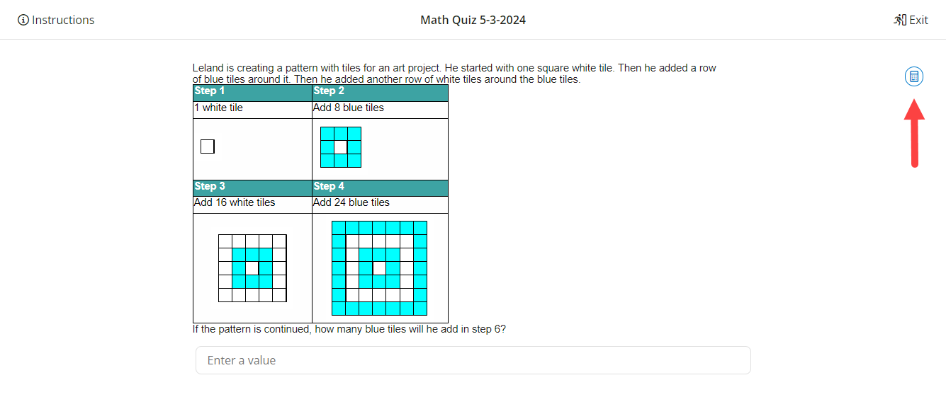 Learner view of an exam with the calculator icon identified