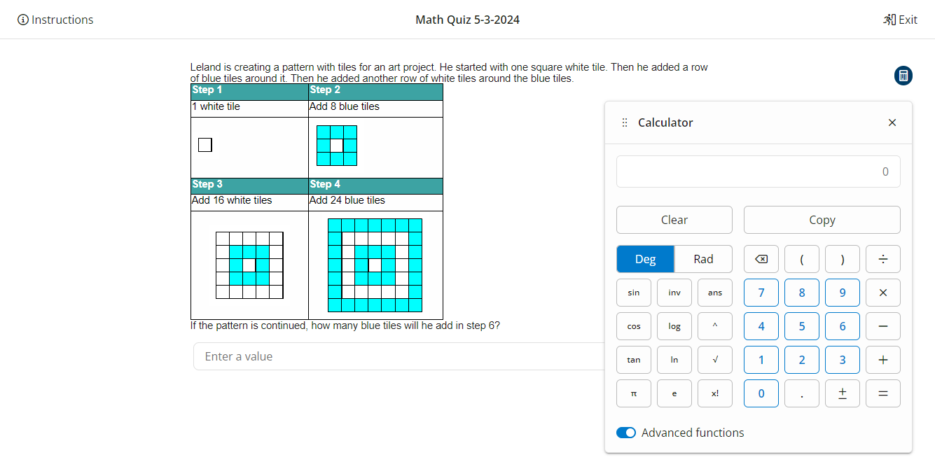 Learner view of an exam with the advanced functions of the calculator displayed