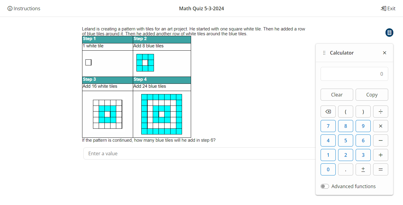 Learner view of an exam with the basic calculator displayed