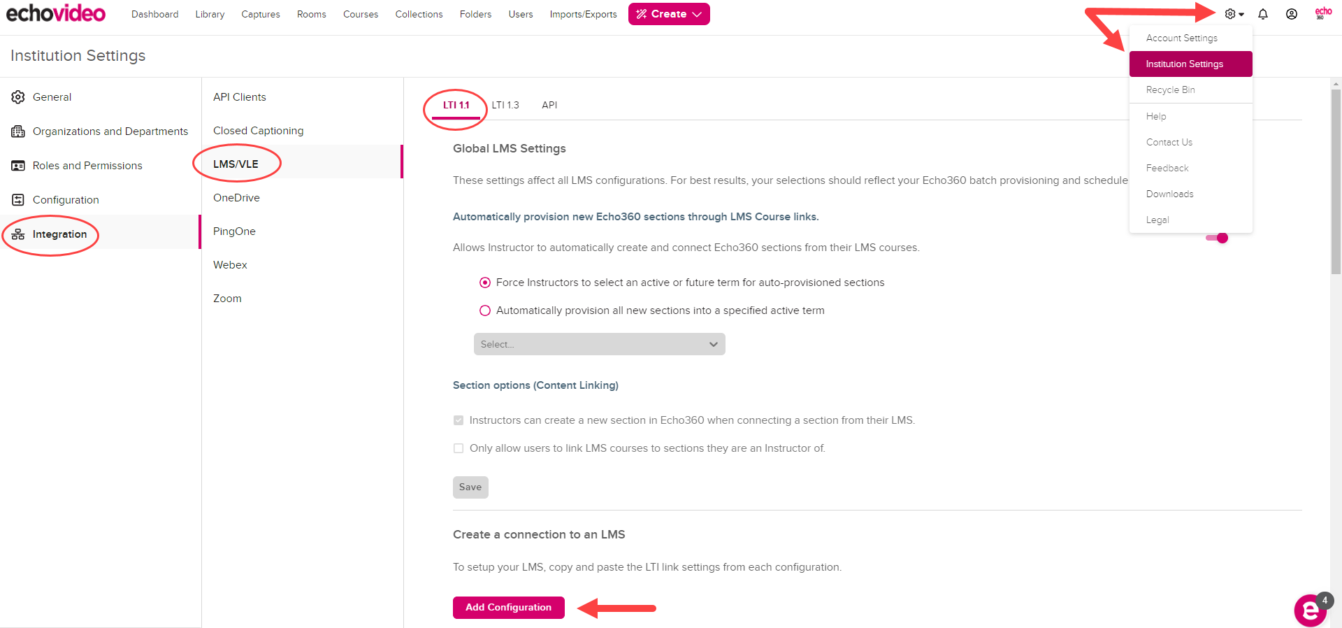 Settings opened with Institution Settings, Integration, LMS / VLE, and Add Configuration steps identified.