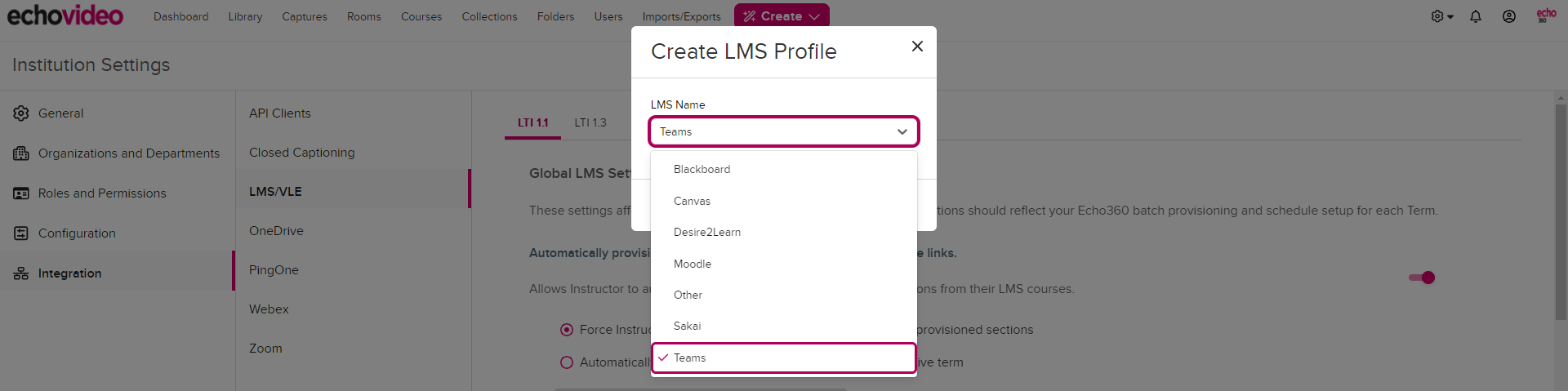 Create LMS profile modal with drop-down open and Teams option shown as described
