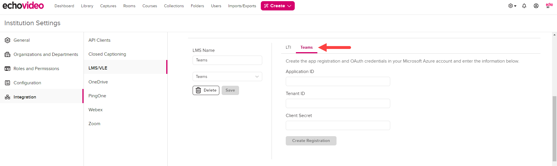 Teams configuration block with Teams tab identified and open as described