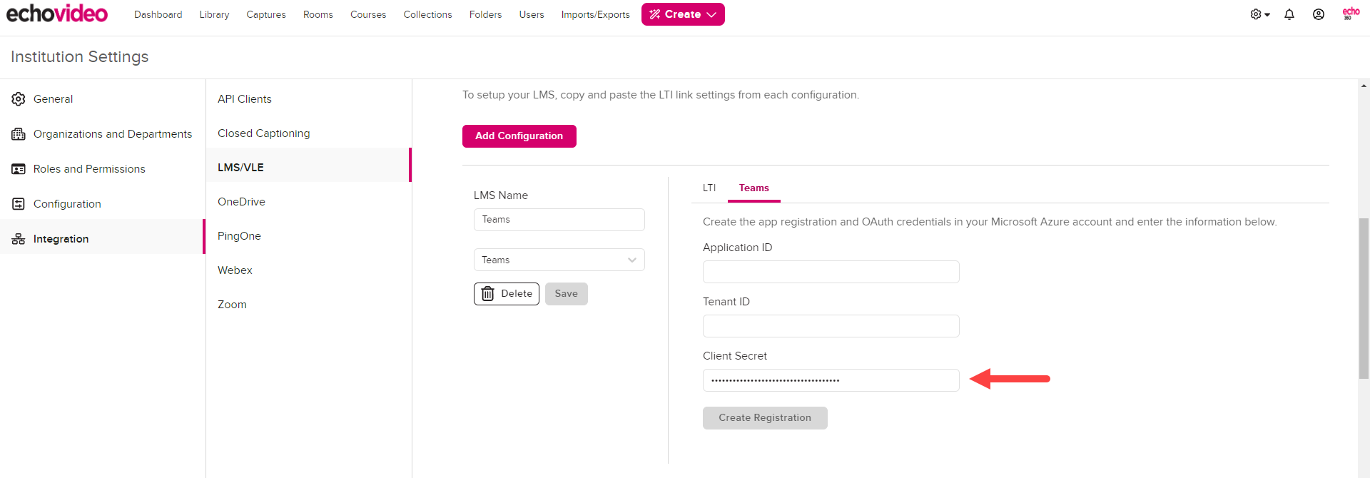 Teams configuration block in EchoVideo with teams tab shown and secret field populated with value from Azure as described