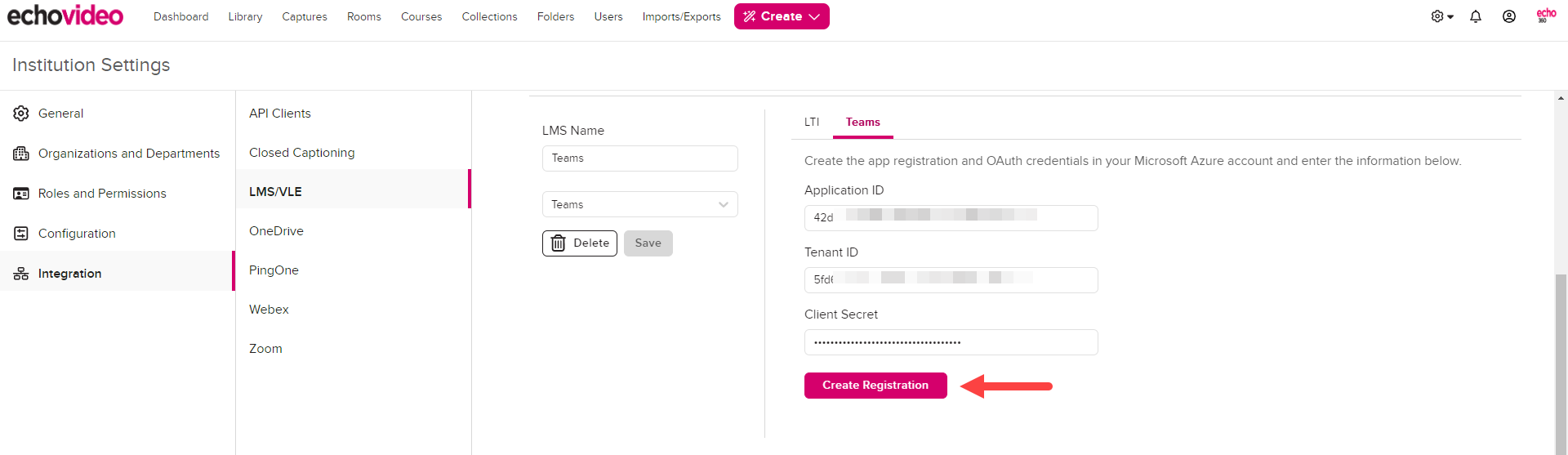 Teams configuration block in EchoVideo with all values completed and Create Registration button identified as described
