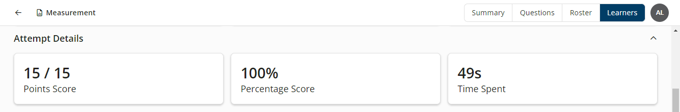 Attempt Details cards on the Learners tab of the Instructor Exam Summary report