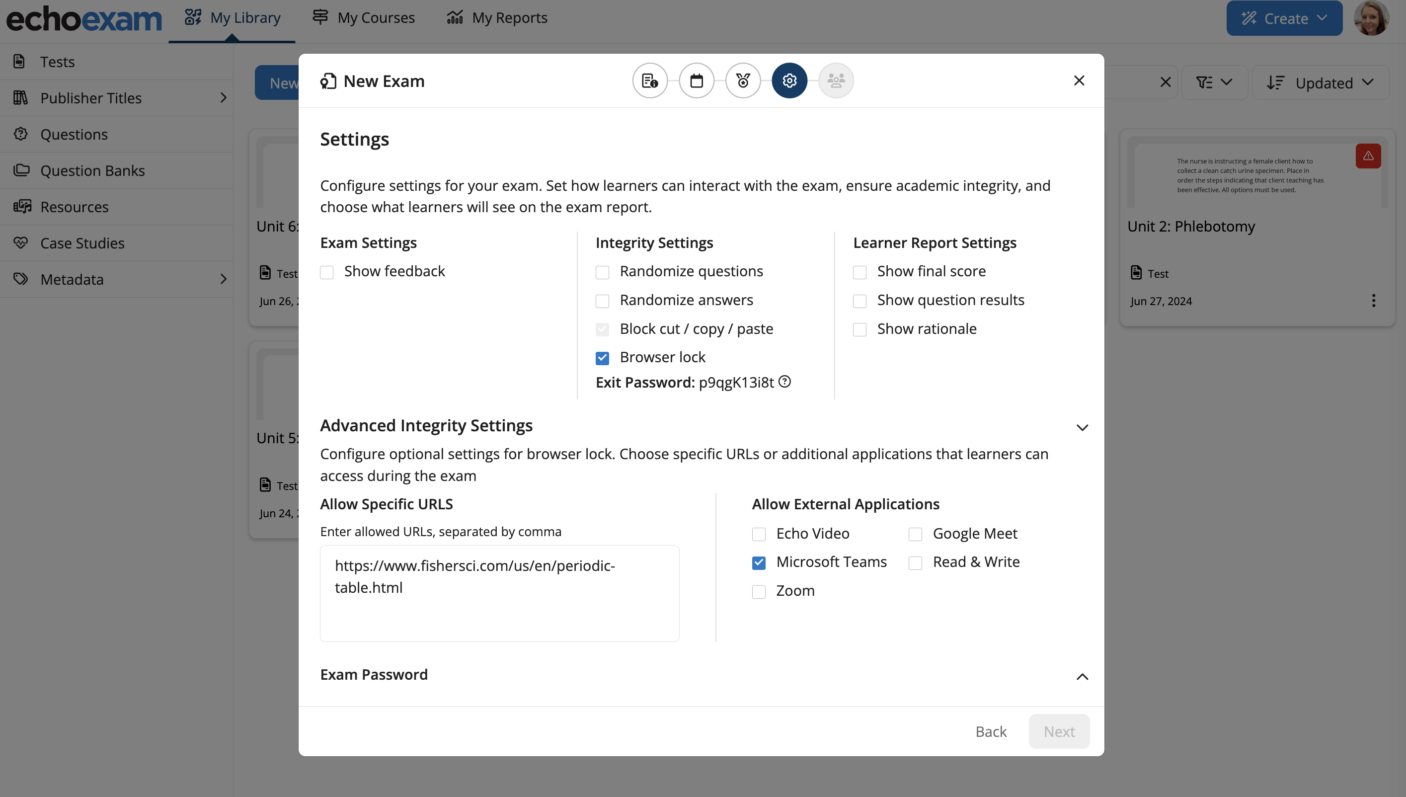 Exam settings with Browser Lock option selected