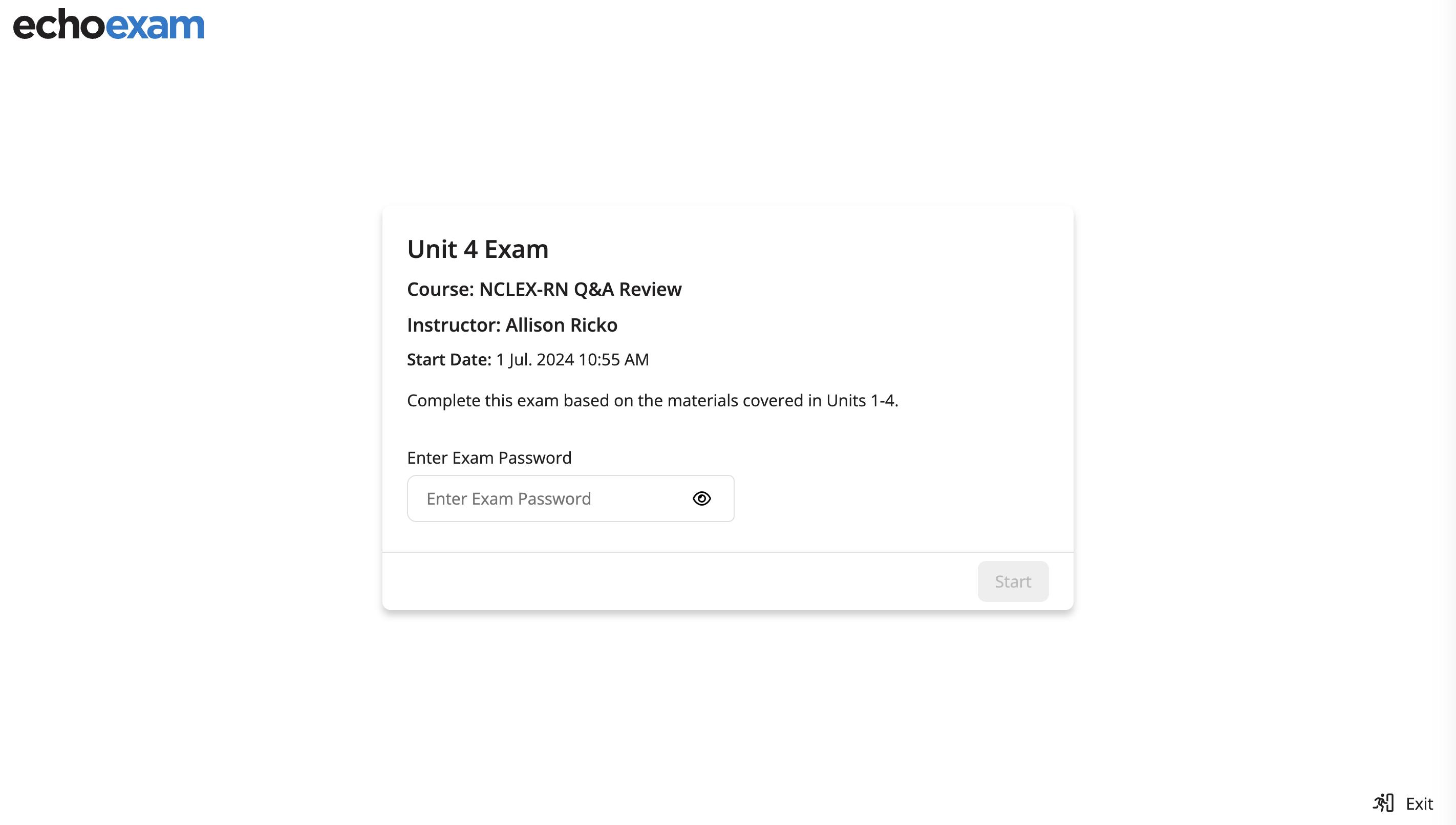 Student view of the Exam start showing a field for an Exam Password