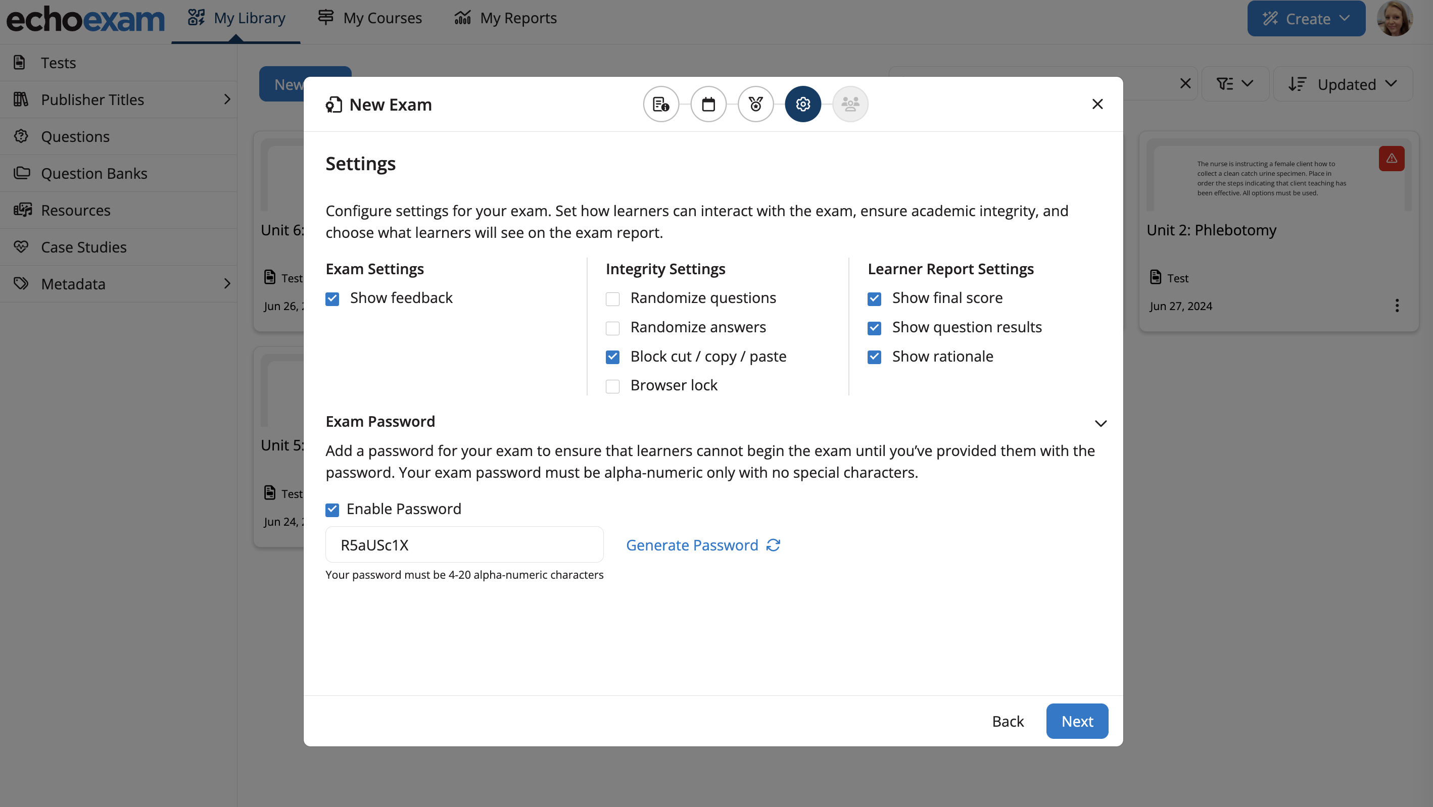 Exam settings with Block / Cut / Copy / Paste option selected