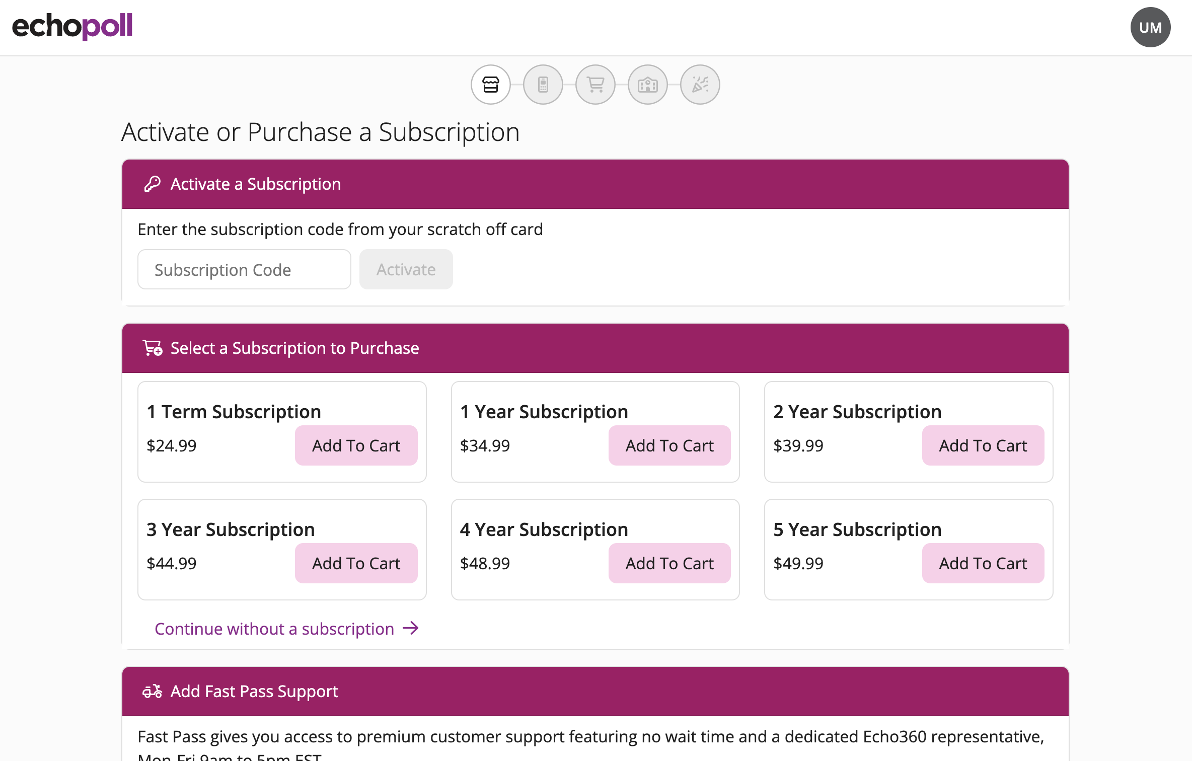 Learner Purchase Licensing modal for EchoPoll