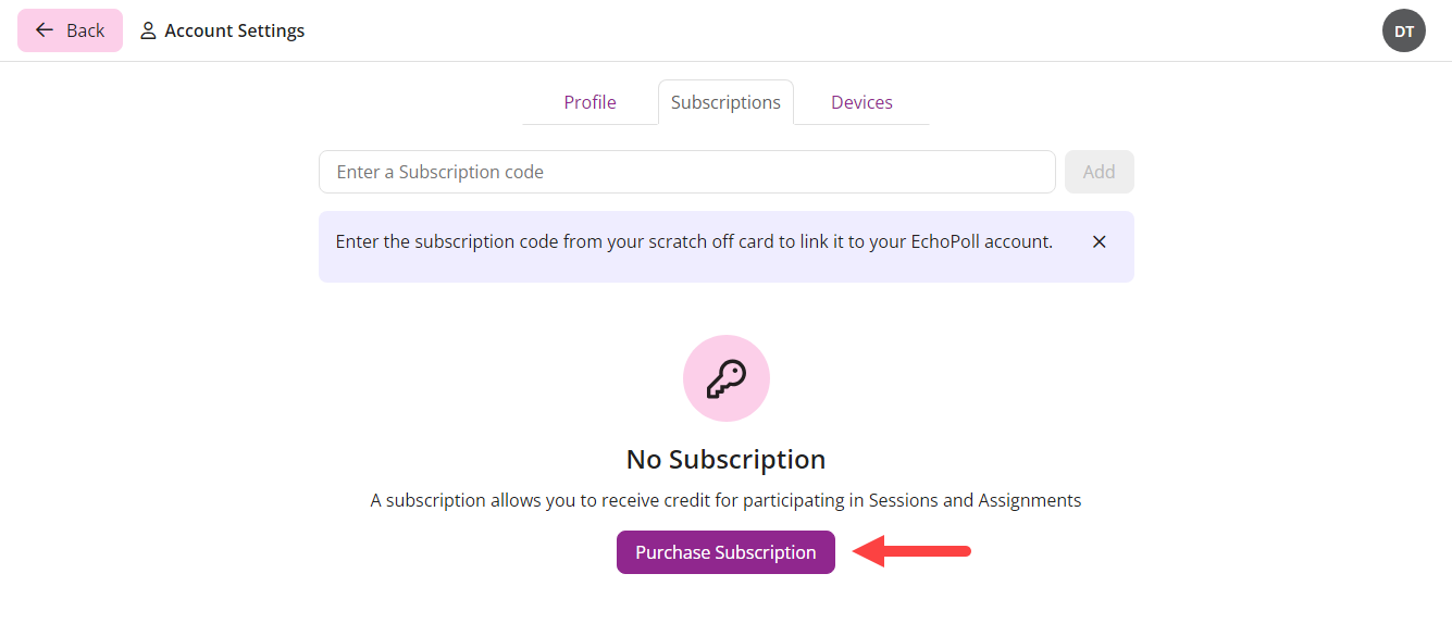 Purchase Subscription button on Subscriptions tab identified as described