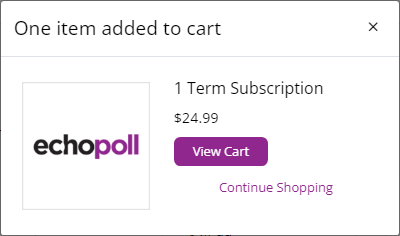 Confirmation message of item added to cart with View Cart button and Continue Shopping link as described